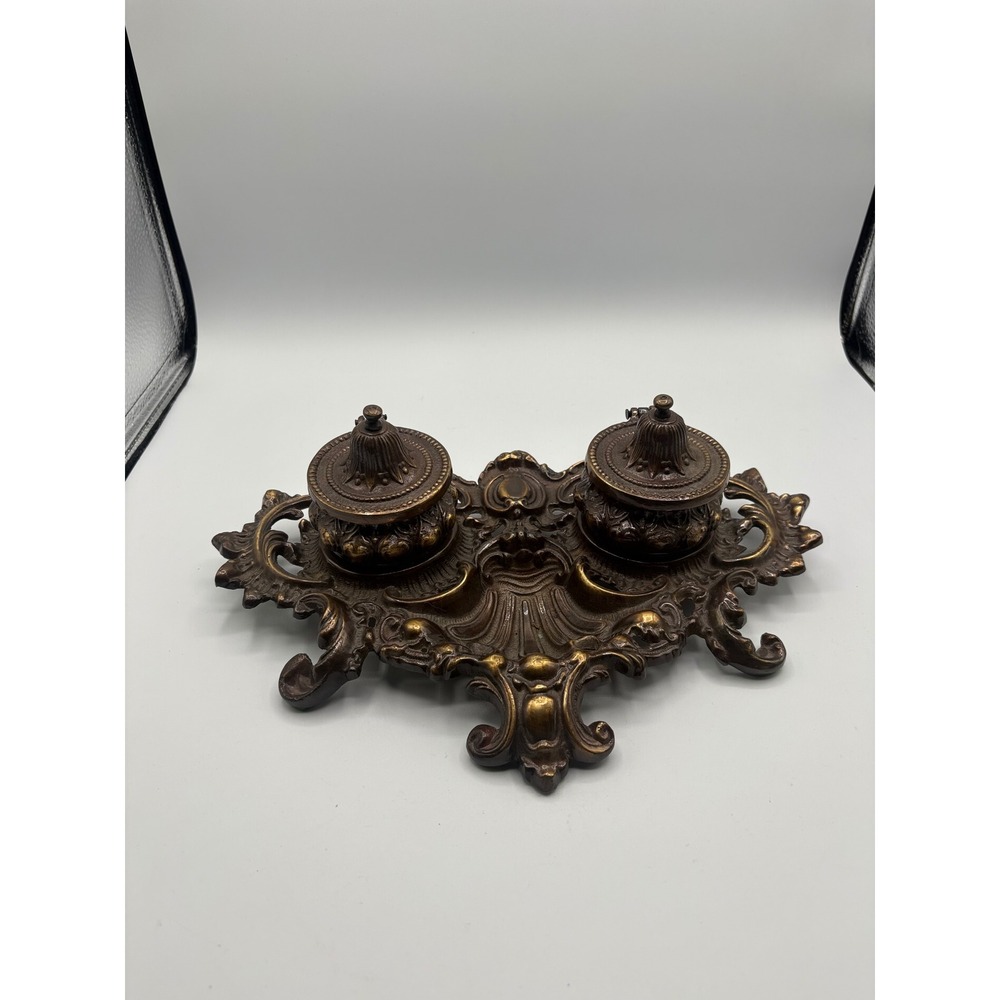 Vintage Ornate Double Inkwell Stand Cast Metal Bronze Tone Rococo Style Desk Set